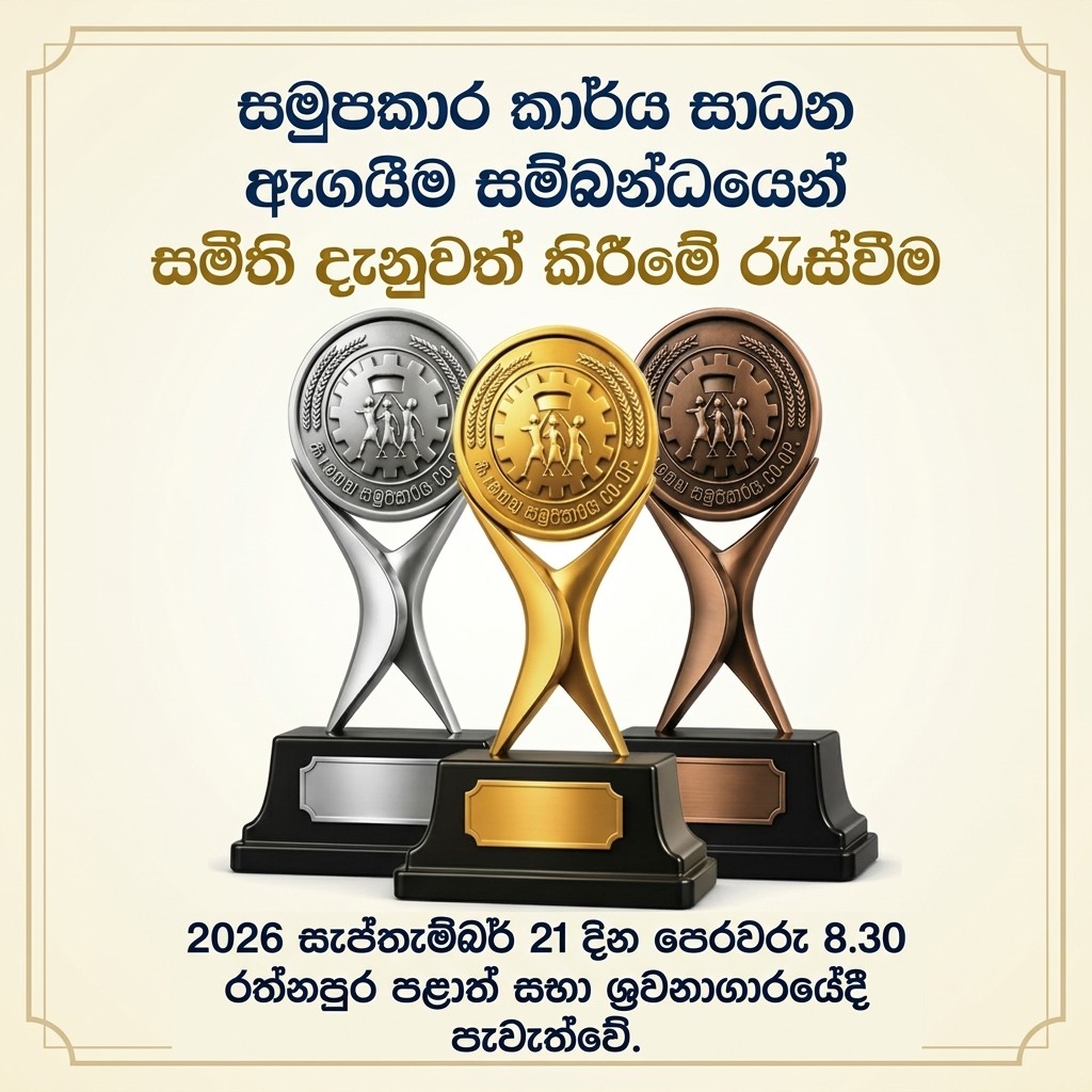 ⬅️ සමුපකාර කාර්ය සාධන ඇගයීම 2026 අදාලව සමිති දැනුවත් කිරීමේ රැස්වීම 2026 සැප්තැම්බර් මස 21 දින පෙරවරු 08.30 ට රත්නපුර නවනගරයේ පිහිටි පළාත් සභා ශ්‍රවනාගාරයේදී පැවැත්වේ. 